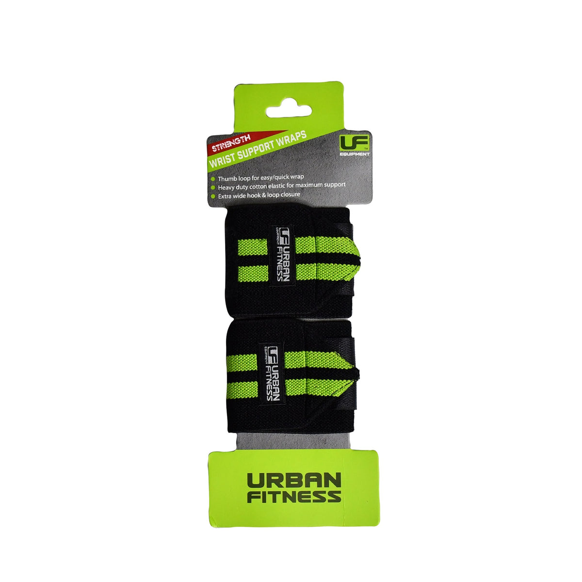 Urban Fitness Wrist Support Wraps in black with neon green stripes are shown on a white background. Ideal for strength training, they feature thumb loops, an elastic design, and easy stick hook and loop closure.