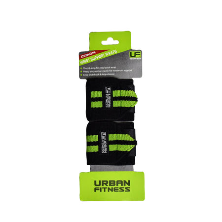 Urban Fitness Wrist Support Wraps in black with neon green stripes are shown on a white background. Ideal for strength training, they feature thumb loops, an elastic design, and easy stick hook and loop closure.