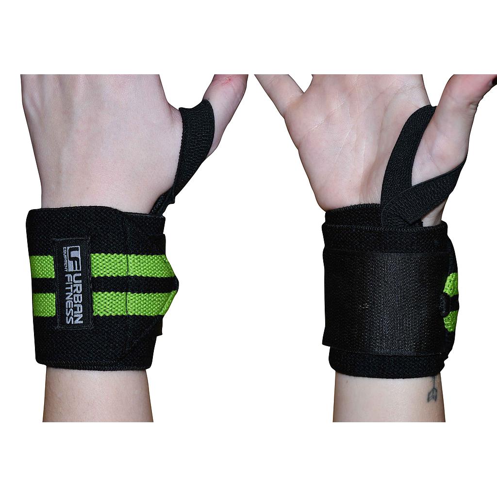Two hands show Urban Fitness Wrist Support Wraps in black and green from palm and back views. These wraps, secured with Velcro straps and thumb loops, offer sturdy support for strength training or heavy lifting. Brand: Urban Fitness.