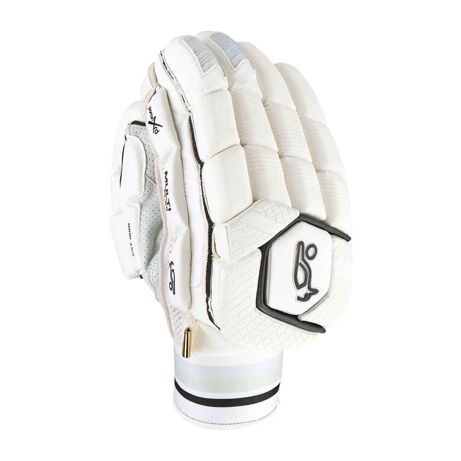 The Kookaburra Ghost Pro Batting Gloves 2026 by Kookaburra are white gloves featuring padded finger protection, a Velcro strap, and a black logo on the wrist. Displayed upright with the palm side facing away.