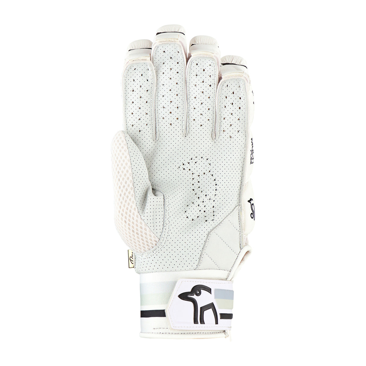 The Kookaburra Ghost Pro Batting Gloves 2026 feature white material with light grey accents, finger protection, small perforations for breathability, a Velcro wrist strap, and a black Kookaburra logo near the wrist.