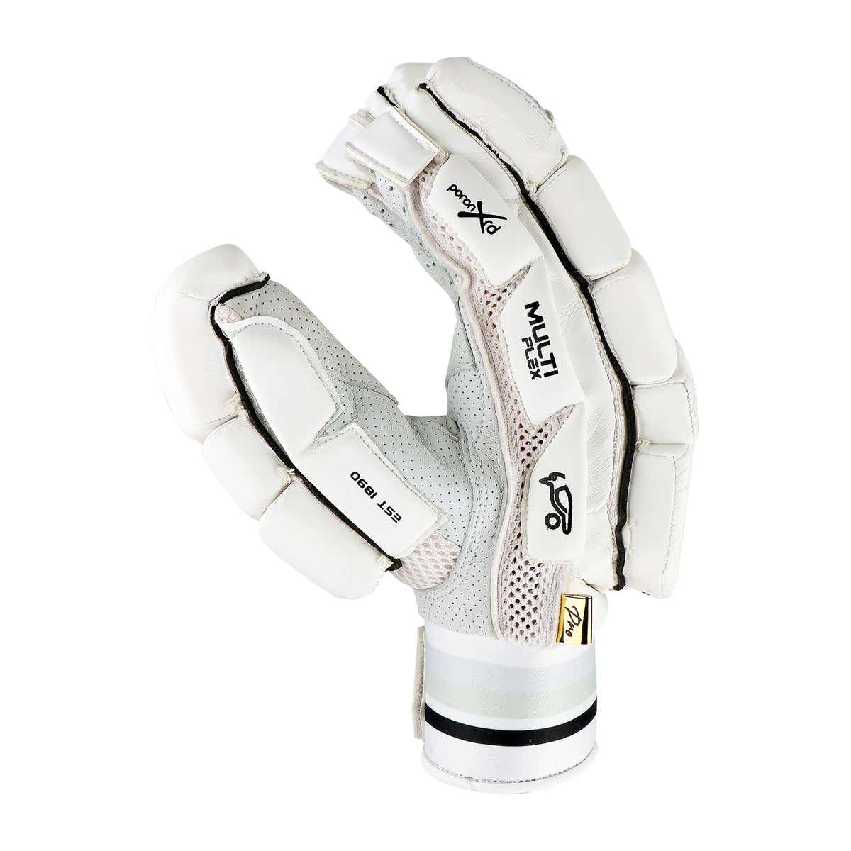 A single Kookaburra Ghost Pro Batting Gloves 2026 by Kookaburra, featuring padded finger protection, mesh ventilation, and a wrist strap, is displayed against a plain white background.