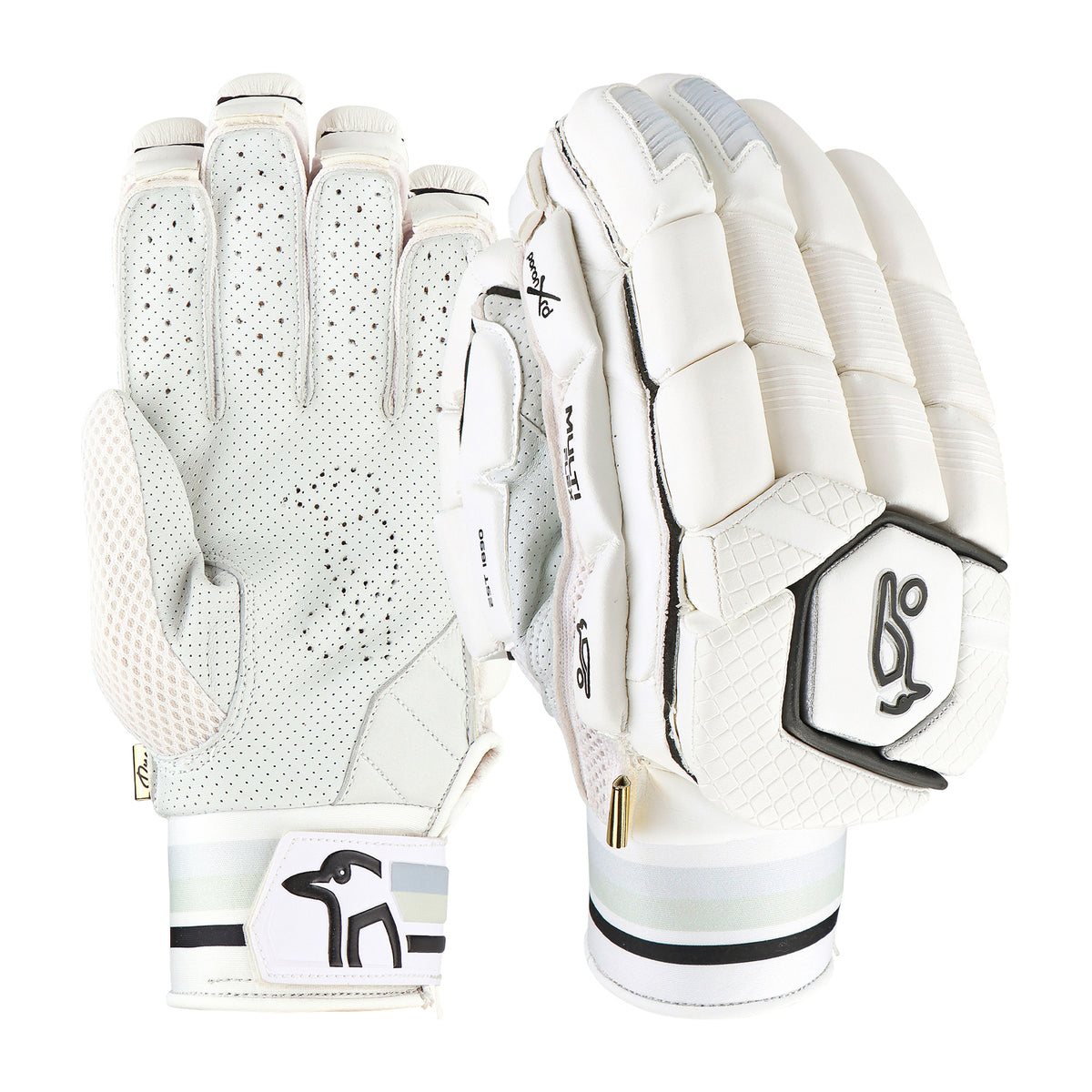 The Kookaburra Ghost Pro Batting Gloves 2026 feature a grip-textured, perforated palm and a padded back with enhanced finger protection, black and white Kookaburra logo, and Velcro strap.