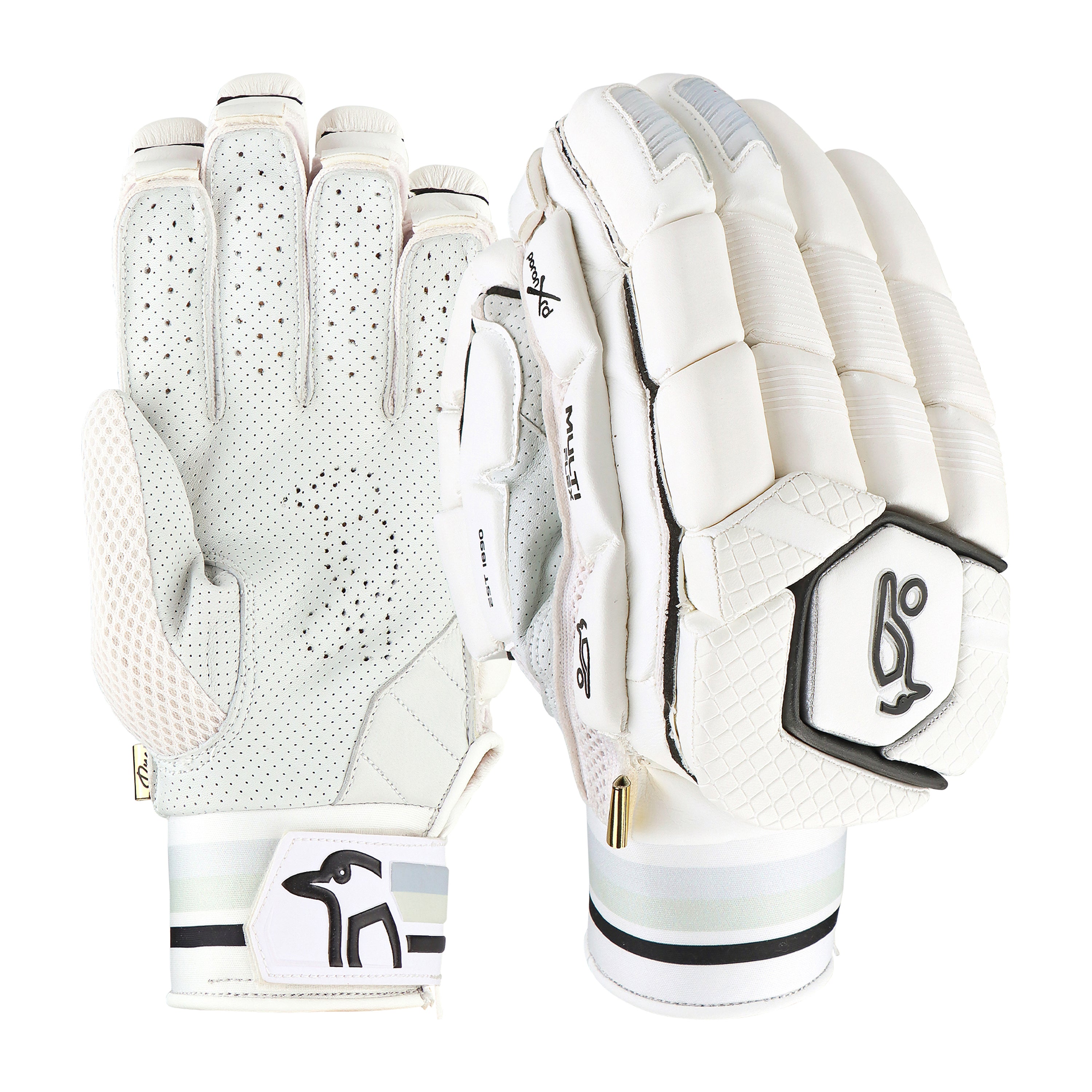 The Kookaburra Ghost Pro Batting Gloves 2026 feature a grip-textured, perforated palm and a padded back with enhanced finger protection, black and white Kookaburra logo, and Velcro strap.