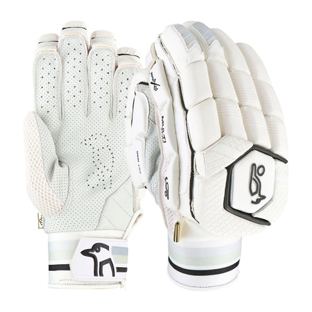 The Kookaburra Ghost Pro Batting Gloves 2026 feature a grip-textured, perforated palm and a padded back with enhanced finger protection, black and white Kookaburra logo, and Velcro strap.