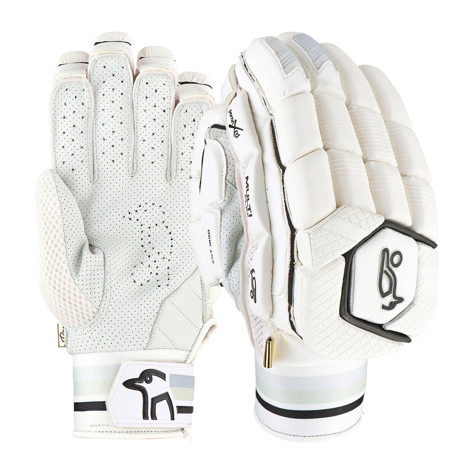 The Kookaburra Ghost Pro Batting Gloves 2026 feature a grip-textured, perforated palm and a padded back with enhanced finger protection, black and white Kookaburra logo, and Velcro strap.