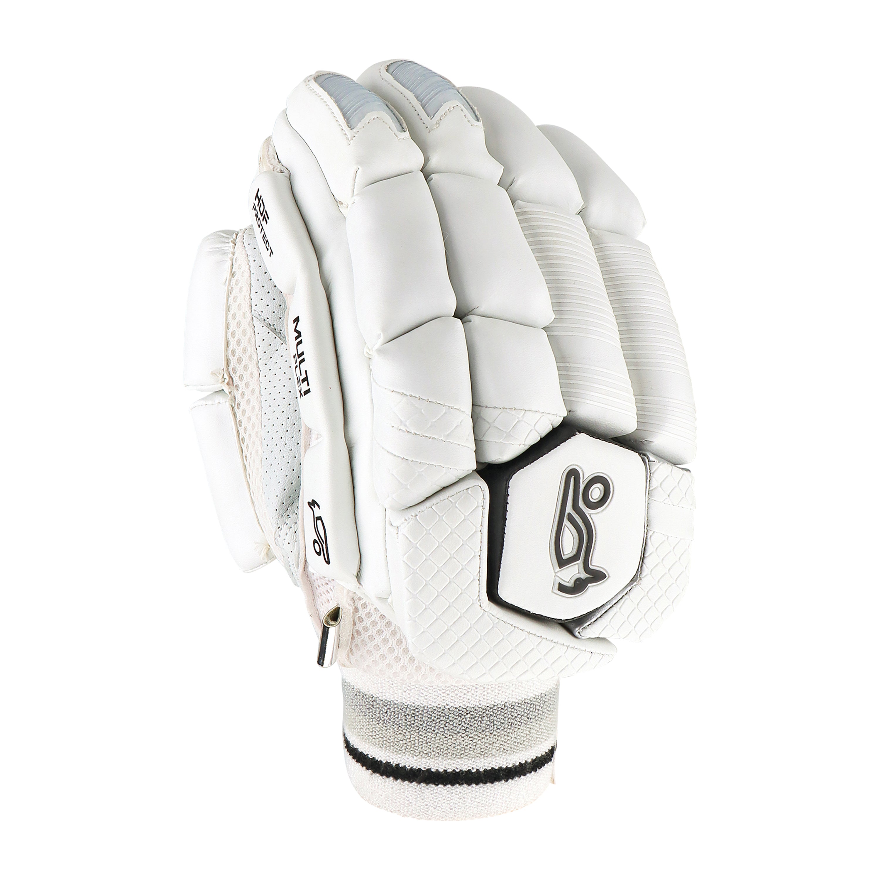 The Kookaburra Ghost 2.1 Batting Gloves 2026 by Kookaburra feature a white design with padded fingers, a black top logo, and a ribbed wristband with black stripes, emphasizing their protective cricket glove style.
