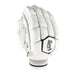 The Kookaburra Ghost 2.1 Batting Gloves 2026 by Kookaburra feature a white design with padded fingers, a black top logo, and a ribbed wristband with black stripes, emphasizing their protective cricket glove style.
