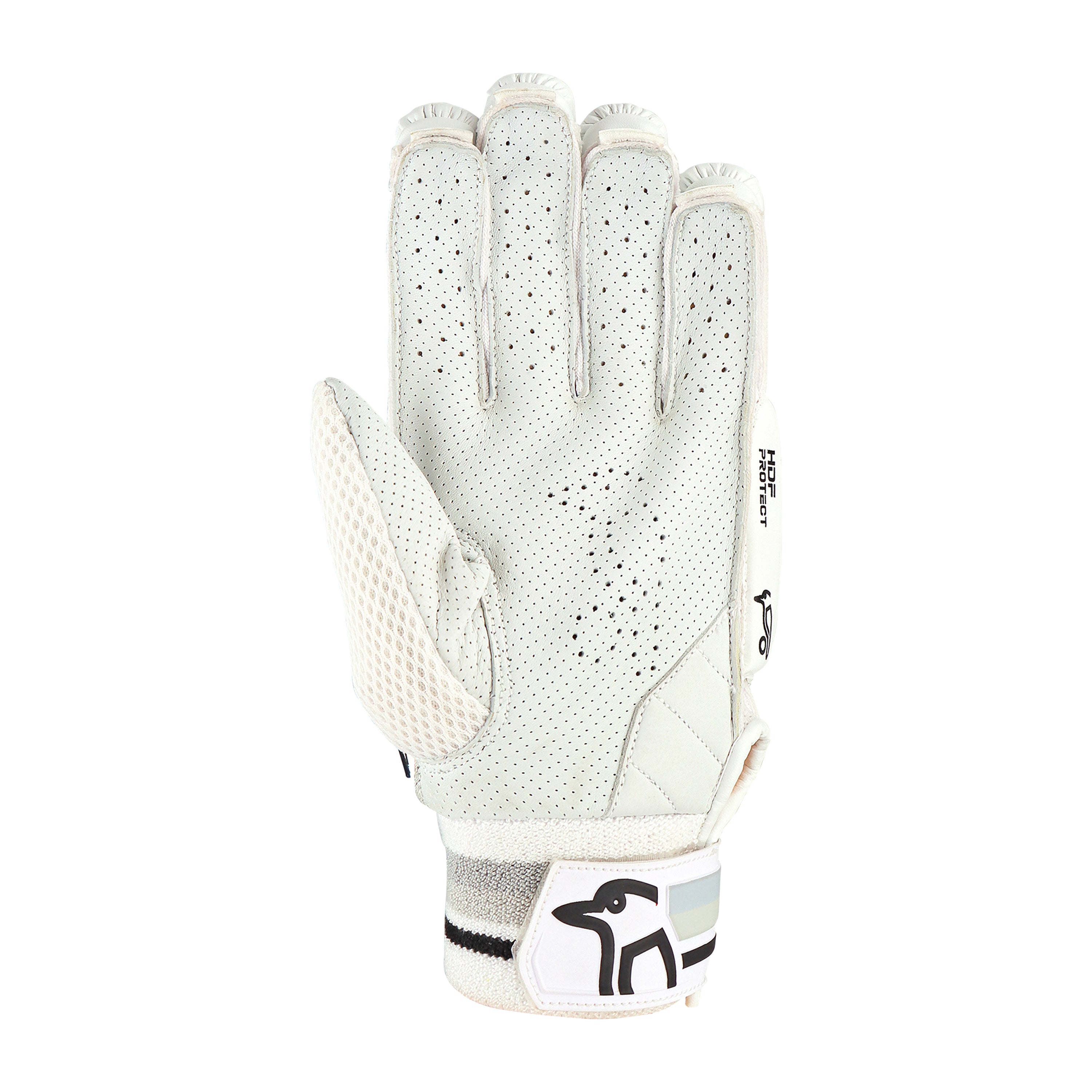 The Kookaburra Ghost 2.1 Batting Gloves 2026 by Kookaburra feature small ventilation perforations, a textured thumb, and a black logo near the wristband—shown palm side away—making them ideal protective cricket gloves.
