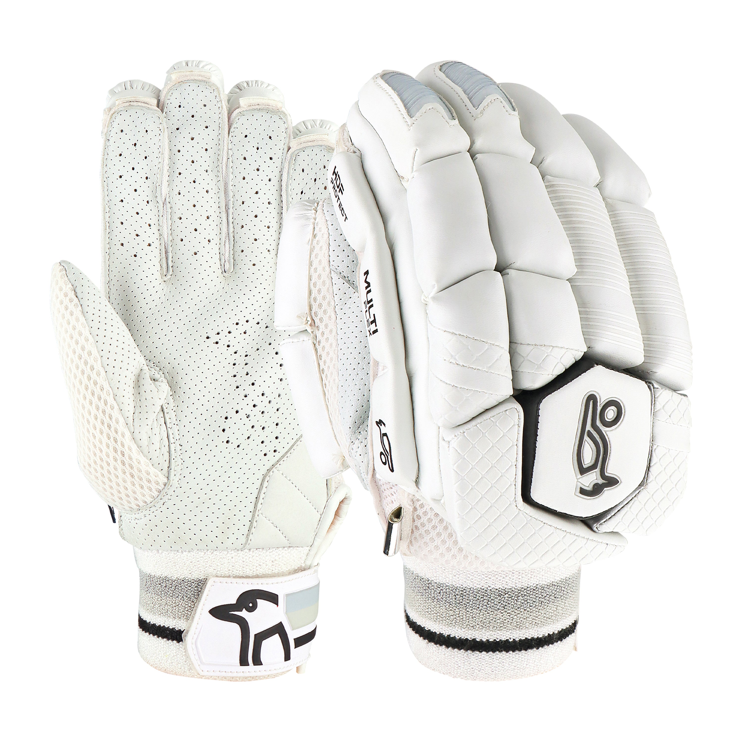 The Kookaburra Ghost 2.1 Batting Gloves 2026, shown front and back, feature black trim, a penguin logo on the wrist strap, and textured padding for protection on fingers and back of hand.