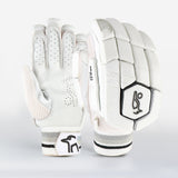 The Kookaburra Ghost 3.1 Batting Gloves 2026 by Kookaburra are lightweight white gloves with black and grey accents, featuring mesh for breathability, a penguin logo, and stylish palm and padded back design for cricket.