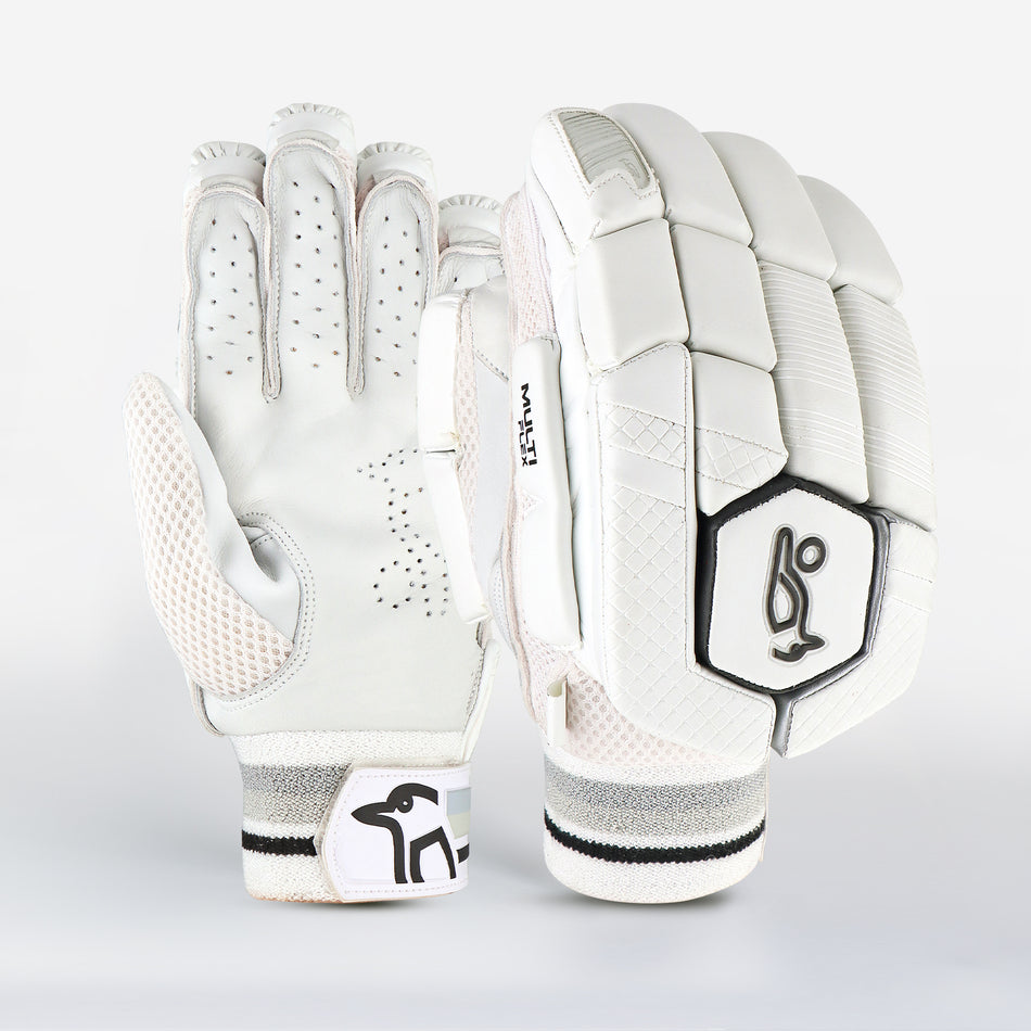 The Kookaburra Ghost 3.1 Batting Gloves 2026 by Kookaburra are lightweight white gloves with black and grey accents, featuring mesh for breathability, a penguin logo, and stylish palm and padded back design for cricket.