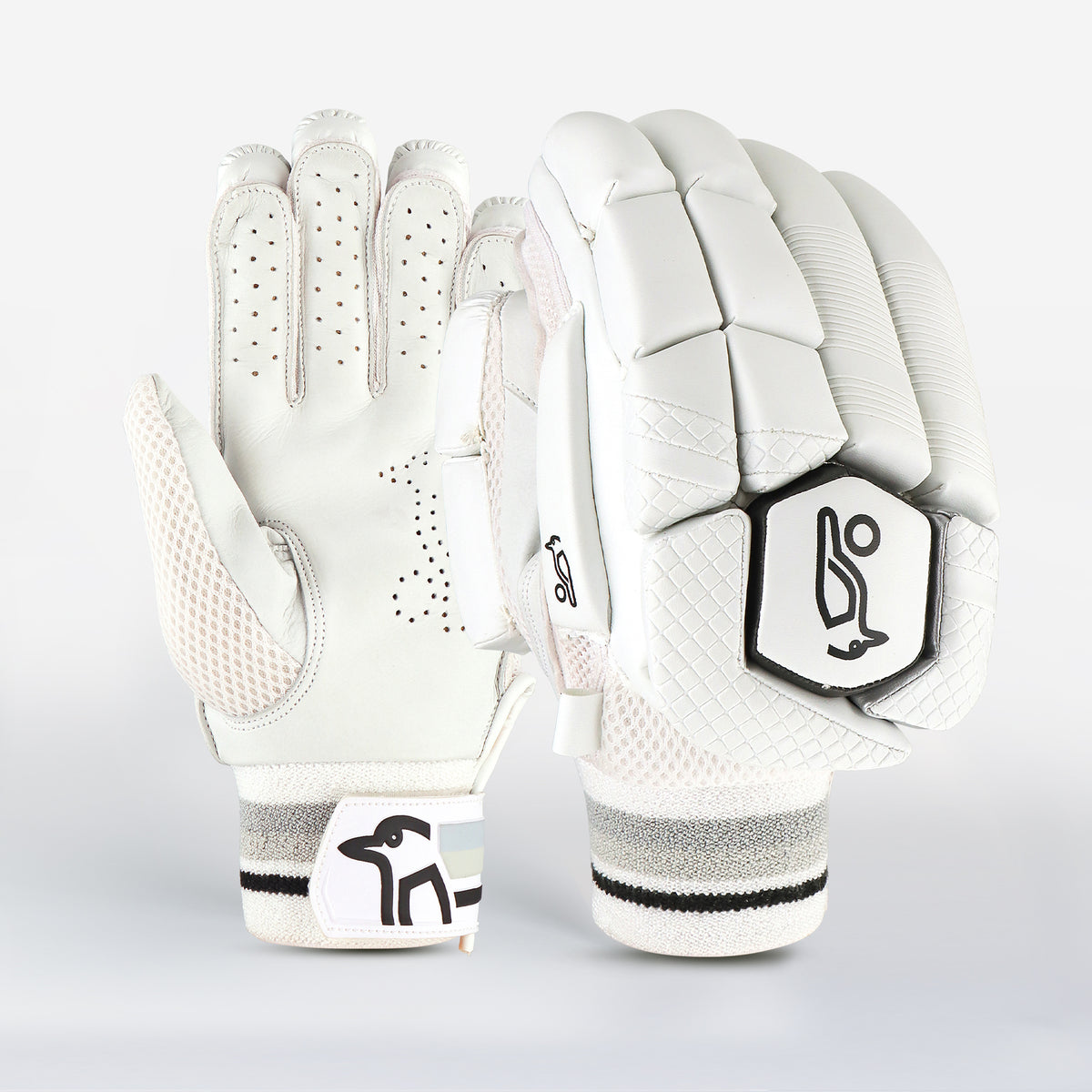 The Kookaburra Ghost 4.1 Batting Gloves 2026 by Kookaburra feature a sleek white design, mesh panels, padded protection, and striped cuffs—perfect for cricketers seeking comfort and safety at the crease.