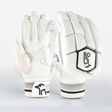 The Kookaburra Ghost 4.1 Batting Gloves 2026 by Kookaburra feature a sleek white design, mesh panels, padded protection, and striped cuffs—perfect for cricketers seeking comfort and safety at the crease.