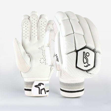The Kookaburra Ghost 4.1 Batting Gloves 2026 by Kookaburra feature a sleek white design, mesh panels, padded protection, and striped cuffs—perfect for cricketers seeking comfort and safety at the crease.