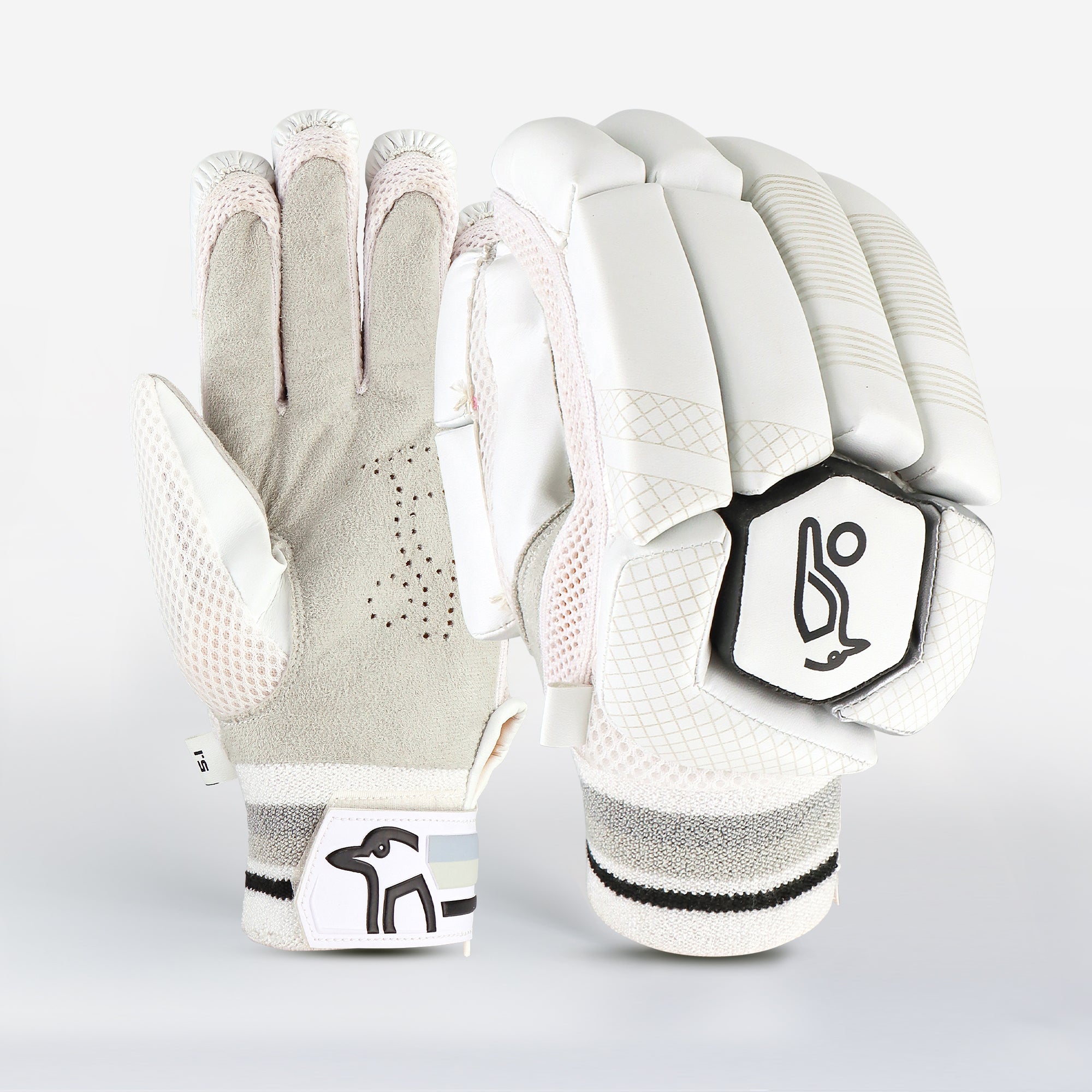 The Kookaburra Ghost 5.1 Batting Gloves 2026 by Kookaburra, shown front and back on a plain background, feature white, light gray, and black accents, mesh ventilation, padded finger protection, and a stylized wrist strap logo.