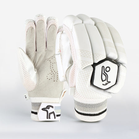 The Kookaburra Ghost 5.1 Batting Gloves 2026 by Kookaburra, shown front and back on a plain background, feature white, light gray, and black accents, mesh ventilation, padded finger protection, and a stylized wrist strap logo.