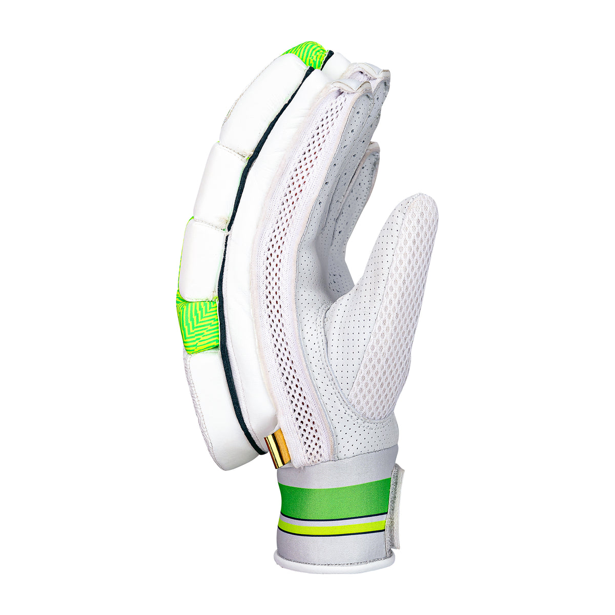 A single Kookaburra Kahuna Pro Batting Glove 2026 with green accents, mesh ventilation, padded fingers, a sheep leather palm, and a green-striped wristband is displayed upright against a plain white background.