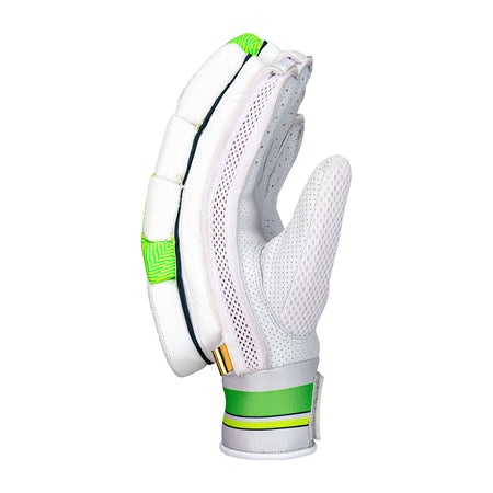 A single Kookaburra Kahuna Pro Batting Glove 2026 with green accents, mesh ventilation, padded fingers, a sheep leather palm, and a green-striped wristband is displayed upright against a plain white background.