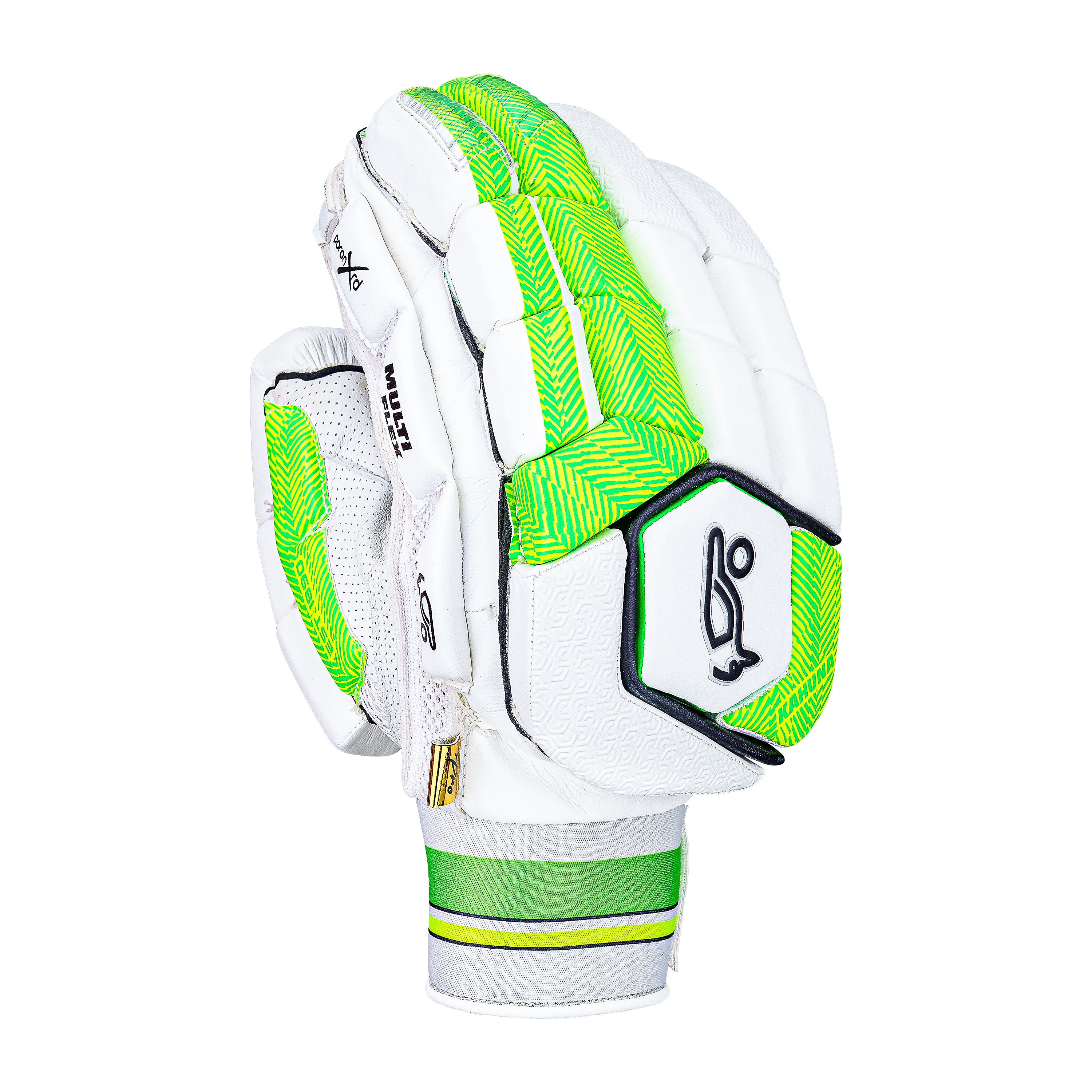 The Kookaburra Kahuna Pro Batting Gloves 2026 by Kookaburra are white with green accents, a textured back, and a durable sheep leather palm, shown upright with the back of the glove facing forward.