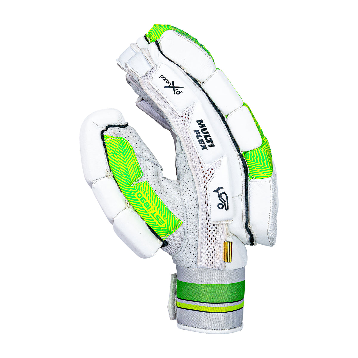 The Kookaburra Kahuna Pro Batting Gloves 2026 by Kookaburra feature white and green design, padded finger protection, a sheep leather palm, mesh ventilation, and a Velcro wrist strap, displayed on a plain white background.