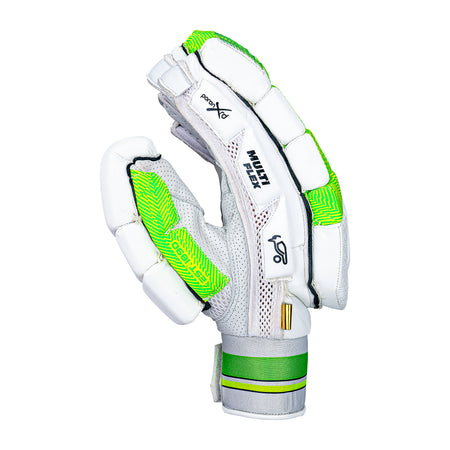 The Kookaburra Kahuna Pro Batting Gloves 2026 by Kookaburra feature white and green design, padded finger protection, a sheep leather palm, mesh ventilation, and a Velcro wrist strap, displayed on a plain white background.