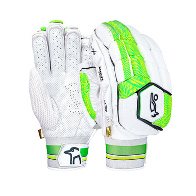 A pair of Kookaburra Kahuna Pro Batting Gloves 2026 in white with green accents and black detailing. Features include a ventilated sheep leather palm, padded back, and the Kookaburra logo near the wrist.