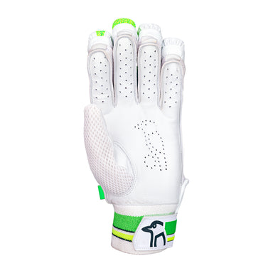 The Kookaburra Kahuna 3.1 Batting Gloves 2026 by Kookaburra are premium white leather cricket gloves with green accents, ventilation holes, and a strap featuring the brand’s logo, designed for comfort and lightweight performance.