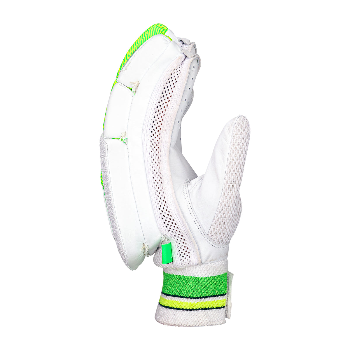 A single Kookaburra Kahuna 3.1 Batting Glove 2026 in white and green premium leather stands upright, displaying palm and side view, mesh ventilation, padding, and a green-striped wrist strap against a white background.