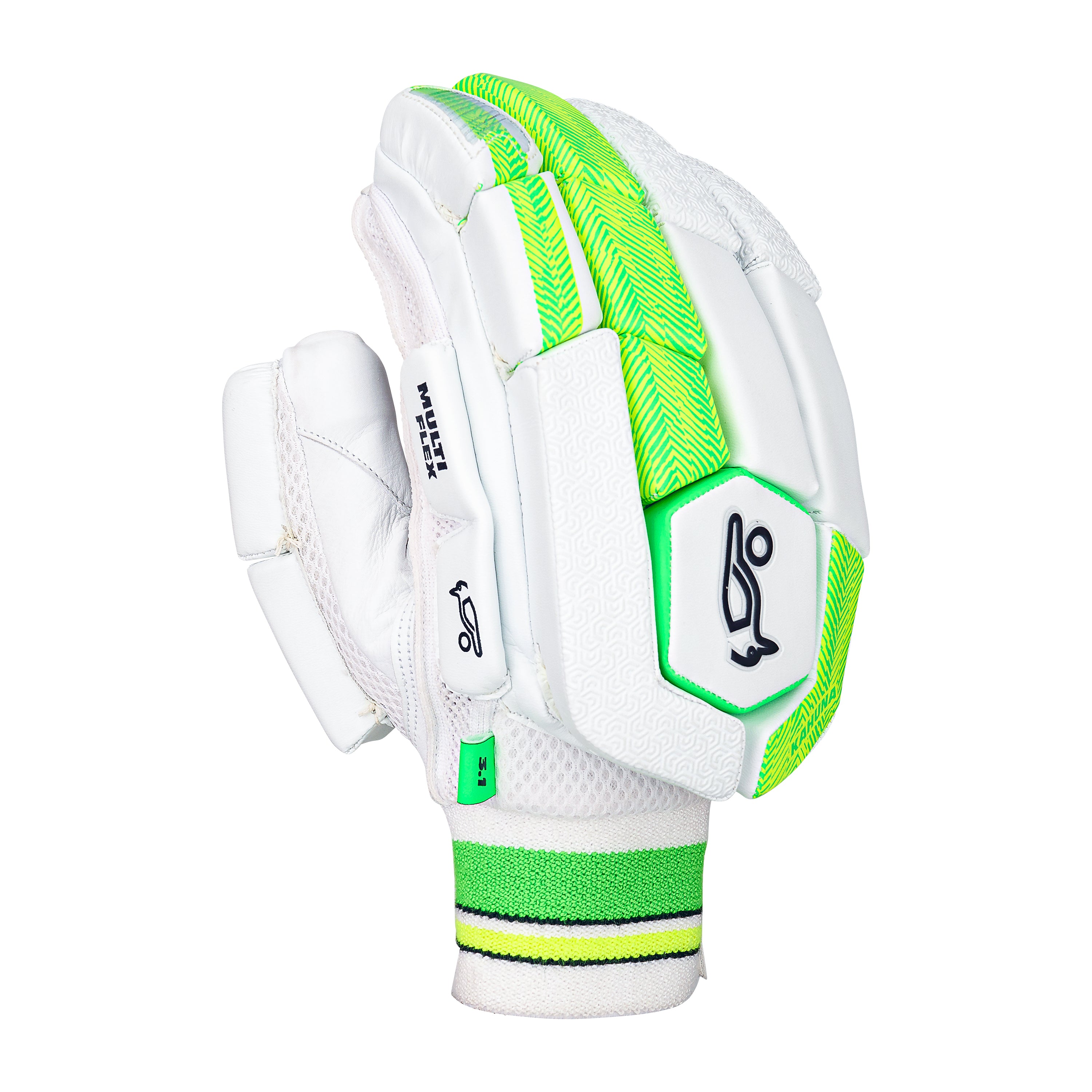 The Kookaburra Kahuna 3.1 Batting Gloves 2026 by Kookaburra feature a white design with green accents and black details, textured grip, and logo on the backhand, styled like premium leather gloves shown in a fist position on a white background.