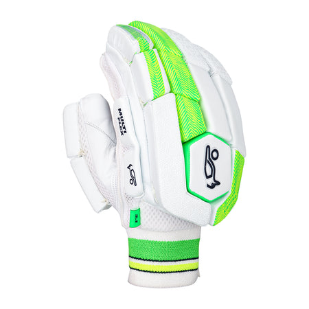 The Kookaburra Kahuna 3.1 Batting Gloves 2026 by Kookaburra feature a white design with green accents and black details, textured grip, and logo on the backhand, styled like premium leather gloves shown in a fist position on a white background.