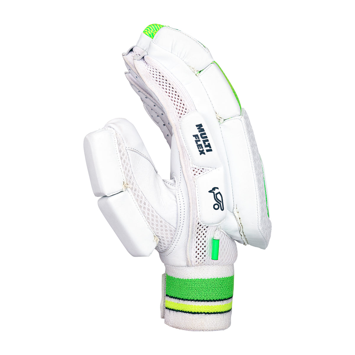 The Kookaburra Kahuna 3.1 Batting Gloves 2026 are shown upright in white and green, featuring mesh and reinforced sections with the Kookaburra branding visible on the wrist, set against a white background.