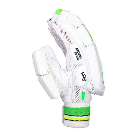 The Kookaburra Kahuna 3.1 Batting Gloves 2026 are shown upright in white and green, featuring mesh and reinforced sections with the Kookaburra branding visible on the wrist, set against a white background.