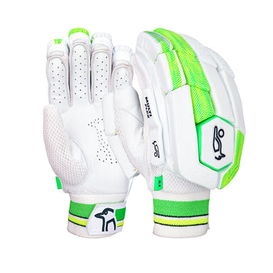 The Kookaburra Kahuna 3.1 Batting Gloves 2026 in white with green accents feature textured palms, padded fingers, and ventilation perforations. Lightweight and comfortable, they display Kookaburra logos on the wrist strap and outer side.