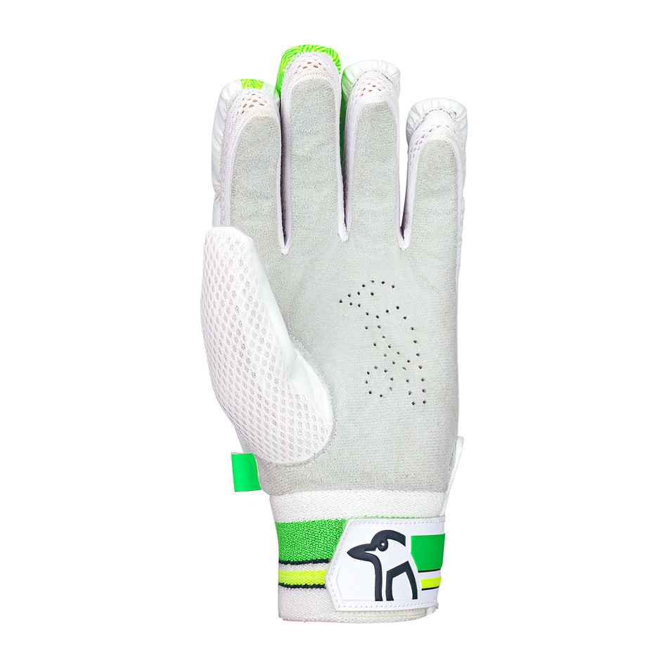 The Kookaburra Kahuna 5.1 Batting Gloves 2026 feature white and light gray colors with green accents, thumb mesh panels, palm ventilation holes, and a black penguin logo on the wrist strap—ideal for entry-level protection.