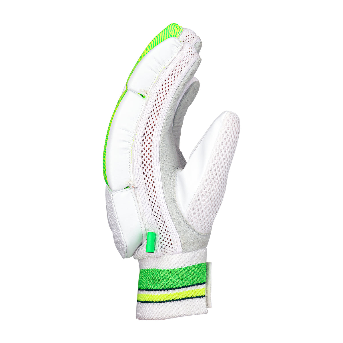 A single Kookaburra Kahuna 5.1 Batting Glove 2026 by Kookaburra, in white with green and yellow accents, features mesh ventilation and padded zones for entry-level protection, displayed upright against a white background.