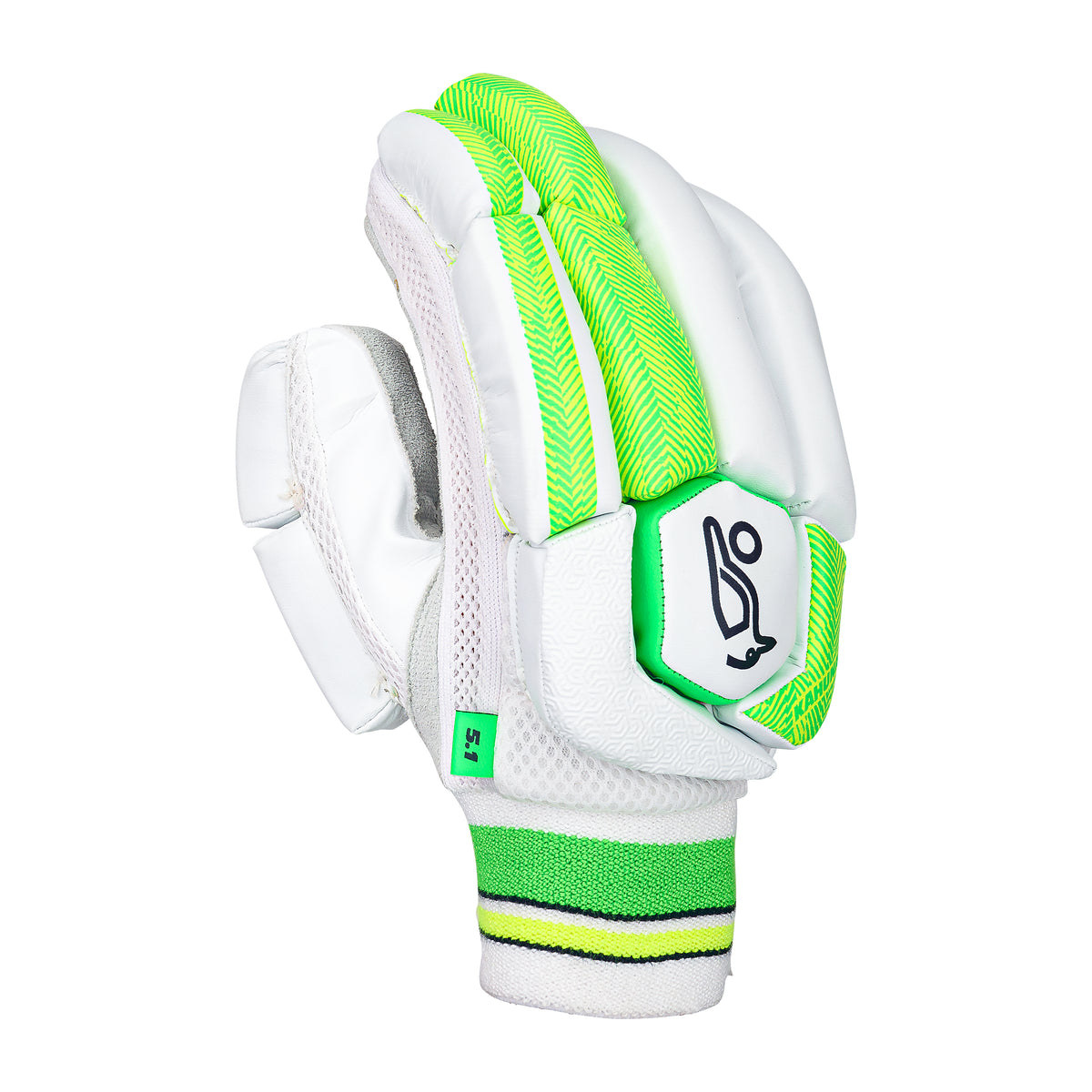 The Kookaburra Kahuna 5.1 Batting Gloves 2026, by Kookaburra, are entry-level white and neon green gloves with padded fingers, mesh ventilation, a back logo, and a green striped wristband—offering essential cricket batting protection.