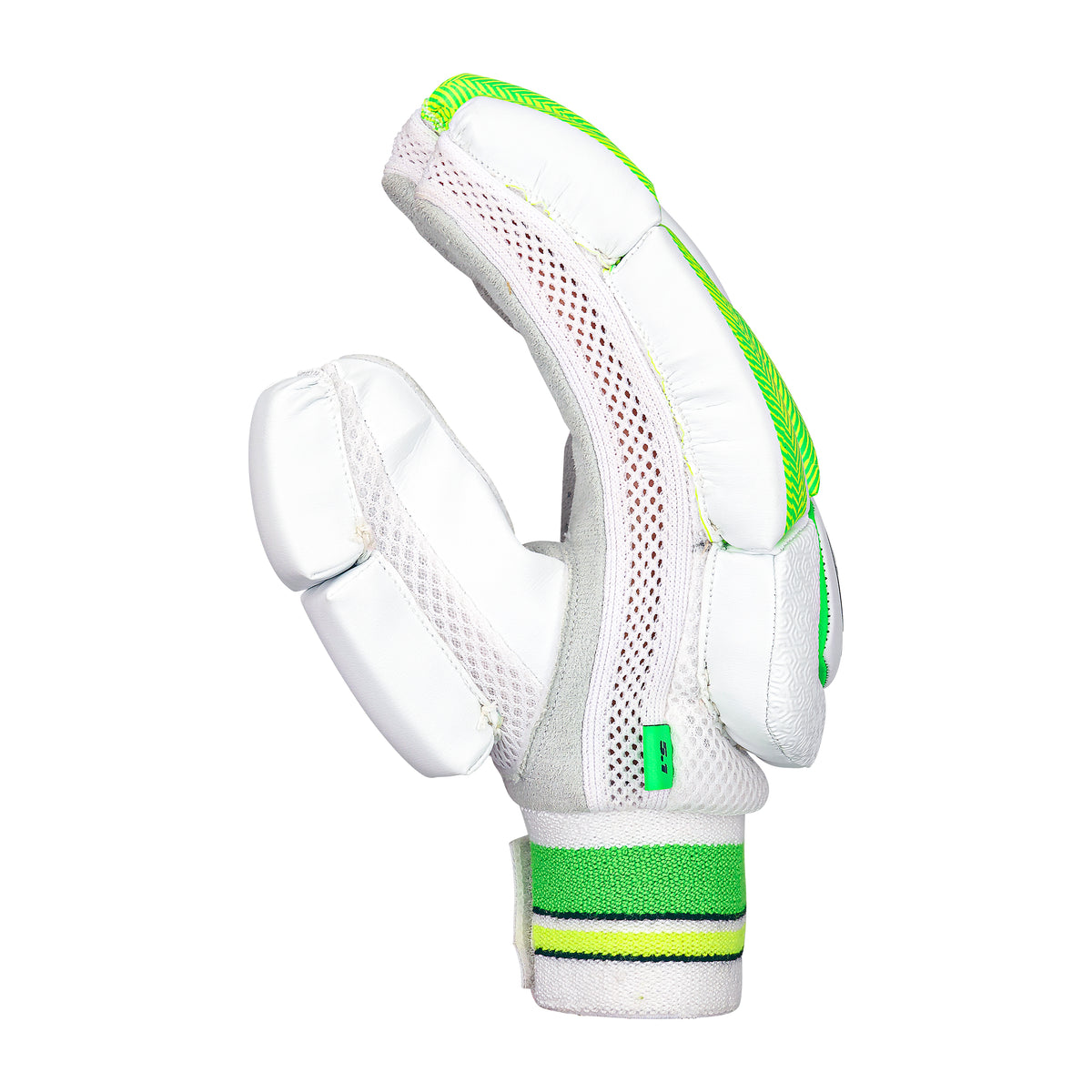 A single white Kookaburra Kahuna 5.1 Batting Glove by Kookaburra, featuring green accents, mesh ventilation, and padding for entry-level protection—displayed upright with palm left and wrist strap fastened.