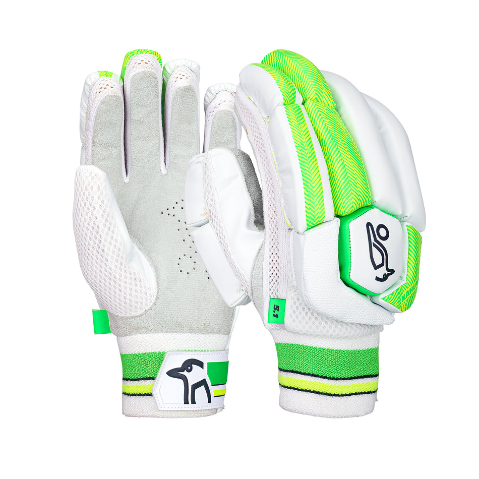 A pair of Kookaburra Kahuna 5.1 Batting Gloves 2026 in white and green, featuring mesh panels, reinforced fingers, a black wrist logo, and entry-level protection—shown with one palm up and the other down.