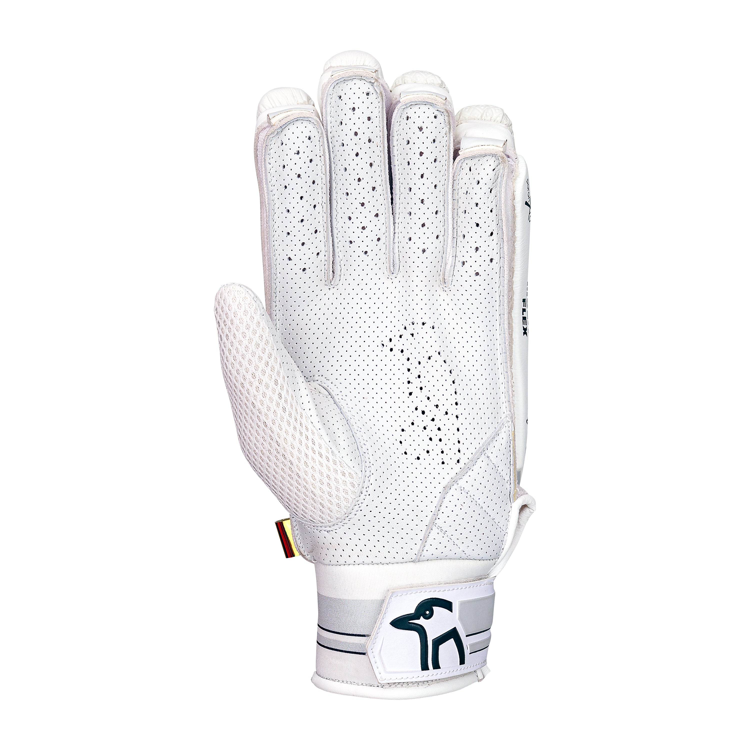 The Kookaburra Ghost Pro Plus Batting Gloves 2026 feature white design, perforated ventilation holes, thumb mesh, Poron XRD padding, a black bird logo on the wrist strap, and an adjustable closure. Glove shown palm up.