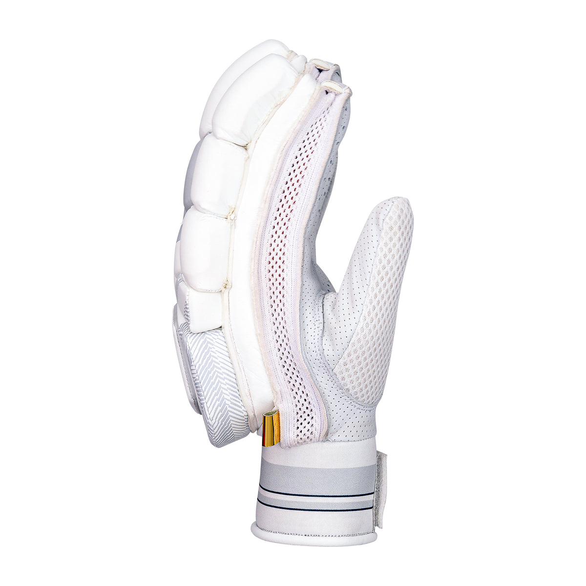 The Kookaburra Ghost Pro Plus Batting Glove 2026, shown side-on in white, features Poron XRD protection on the back, mesh ventilation panels, a velcro wrist strap, and a gold-accented zipper.