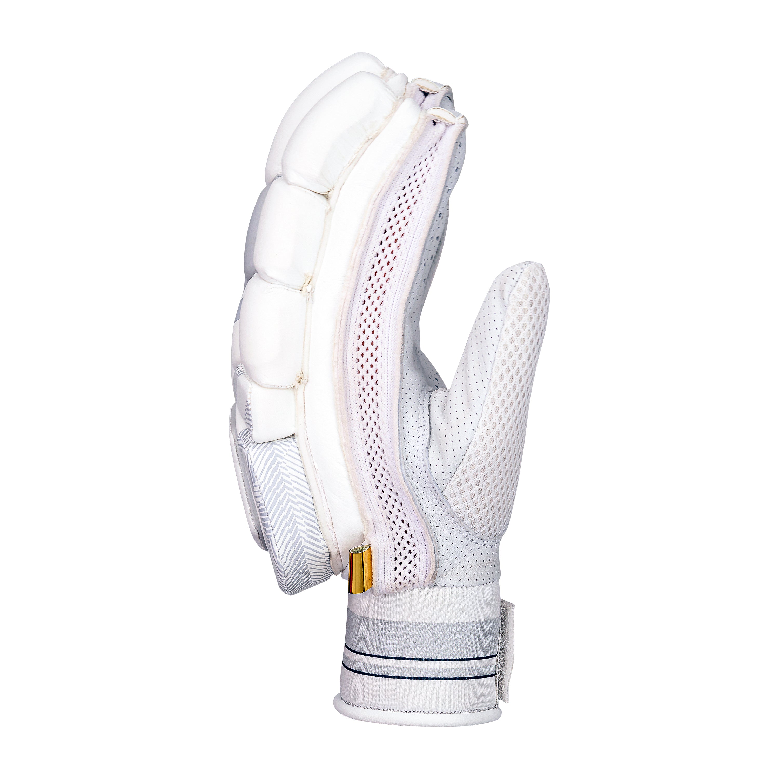 The Kookaburra Ghost Pro Plus Batting Glove 2026, shown side-on in white, features Poron XRD protection on the back, mesh ventilation panels, a velcro wrist strap, and a gold-accented zipper.