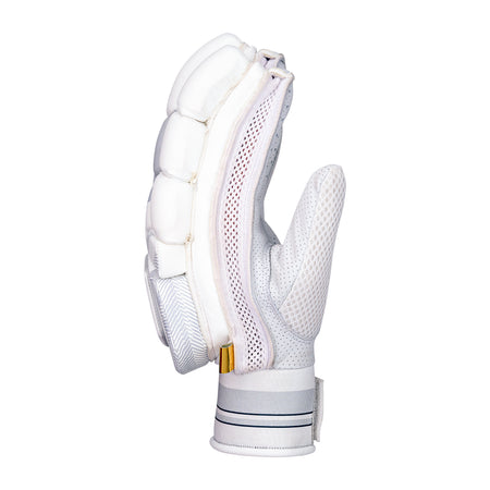 The Kookaburra Ghost Pro Plus Batting Glove 2026, shown side-on in white, features Poron XRD protection on the back, mesh ventilation panels, a velcro wrist strap, and a gold-accented zipper.