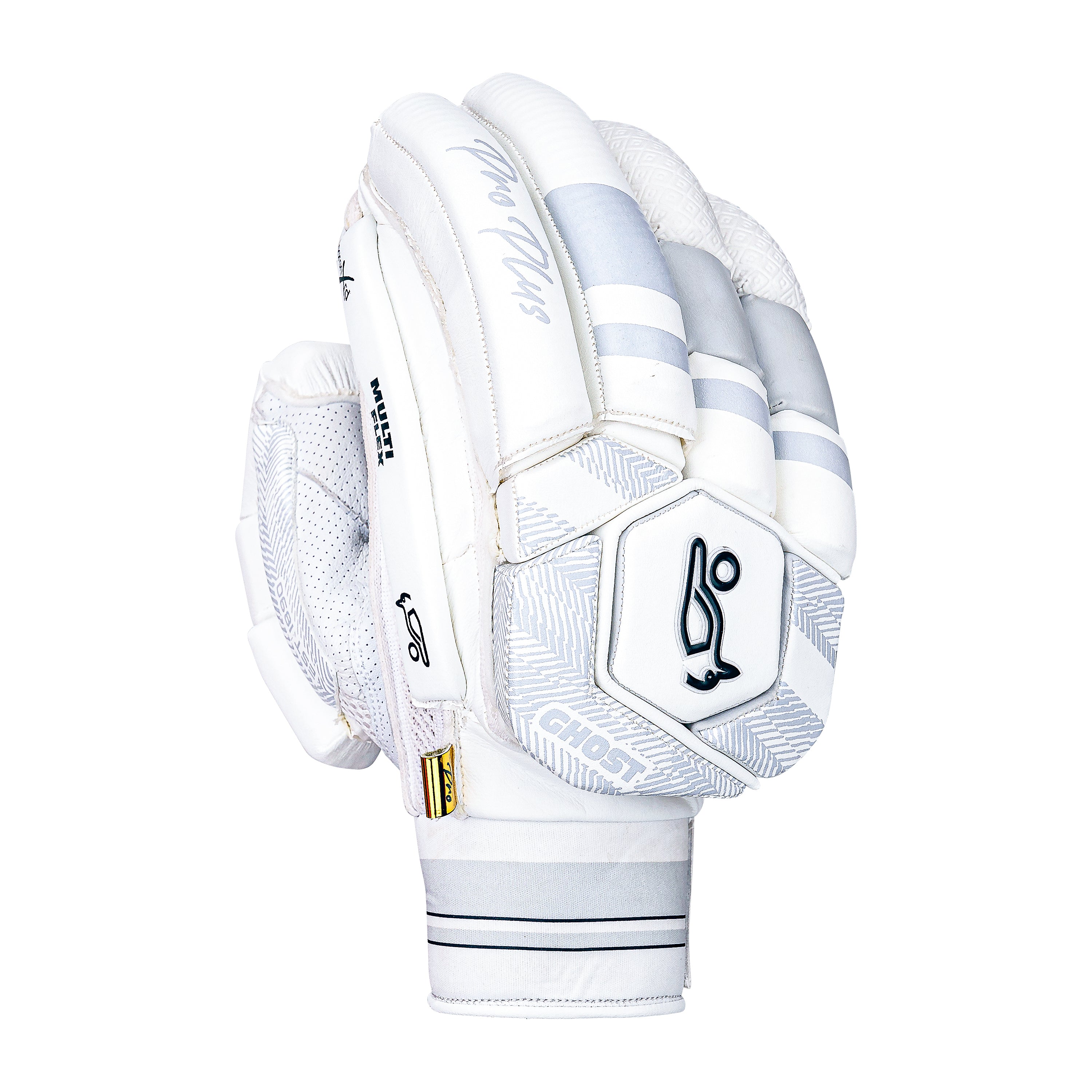 The Kookaburra Ghost Pro Plus Batting Gloves 2026 features white and grey design, Poron XRD padded protection, and a black logo on the wrist, shown against a plain white background.