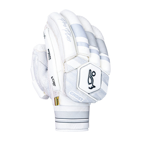 The Kookaburra Ghost Pro Plus Batting Gloves 2026 features white and grey design, Poron XRD padded protection, and a black logo on the wrist, shown against a plain white background.