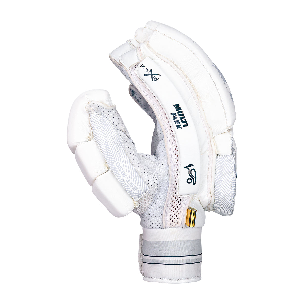 The Kookaburra Ghost Pro Plus Batting Gloves 2026 in white are shown from the side, featuring padded fingers, Poron XRD inserts, wrist strap, textured material, ventilation holes, and black and gold accents for Test Match Quality.