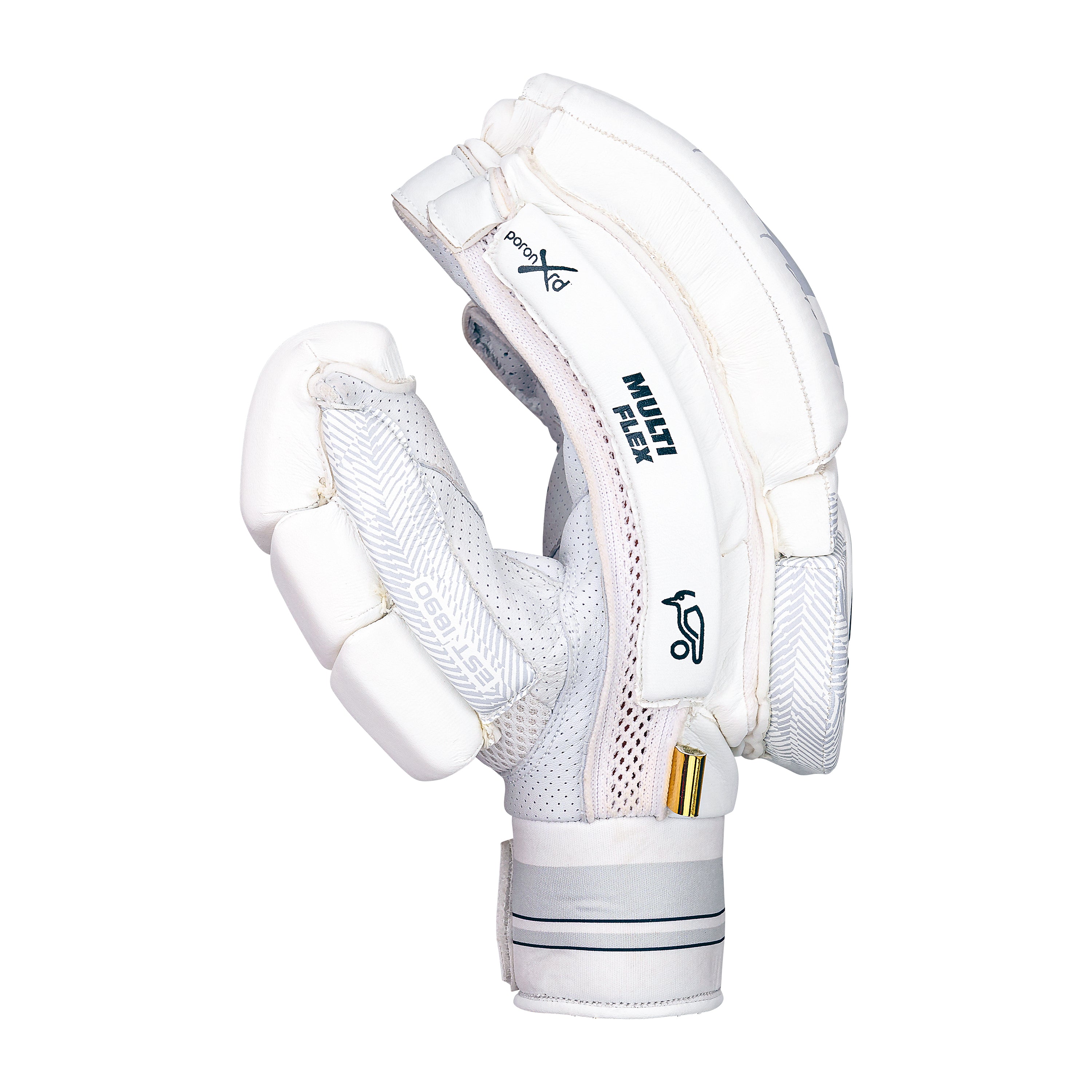 The Kookaburra Ghost Pro Plus Batting Gloves 2026 in white are shown from the side, featuring padded fingers, Poron XRD inserts, wrist strap, textured material, ventilation holes, and black and gold accents for Test Match Quality.