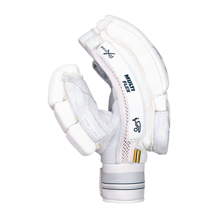 The Kookaburra Ghost Pro Plus Batting Gloves 2026 in white are shown from the side, featuring padded fingers, Poron XRD inserts, wrist strap, textured material, ventilation holes, and black and gold accents for Test Match Quality.
