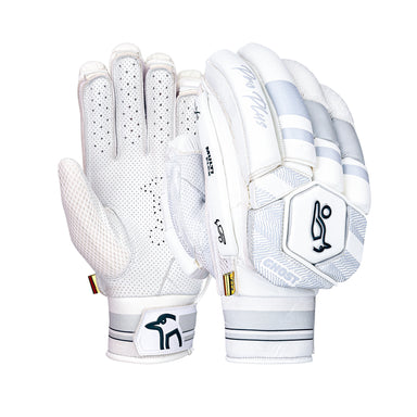The Kookaburra Ghost Pro Plus Batting Gloves 2026 are shown in white with gray accents, padded sections with Poron XRD, ventilation holes, and a black bird logo on the wrist strap. One glove displays the palm, the other shows the back.