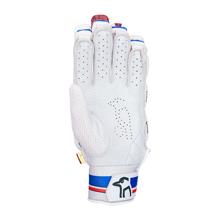 The Kookaburra Rapid Pro Batting Gloves 2026 feature a white design with blue and red accents, a durable sheep leather palm, breathable perforations, Poron XRD padding for protection, and a wrist strap displaying the Kookaburra logo.